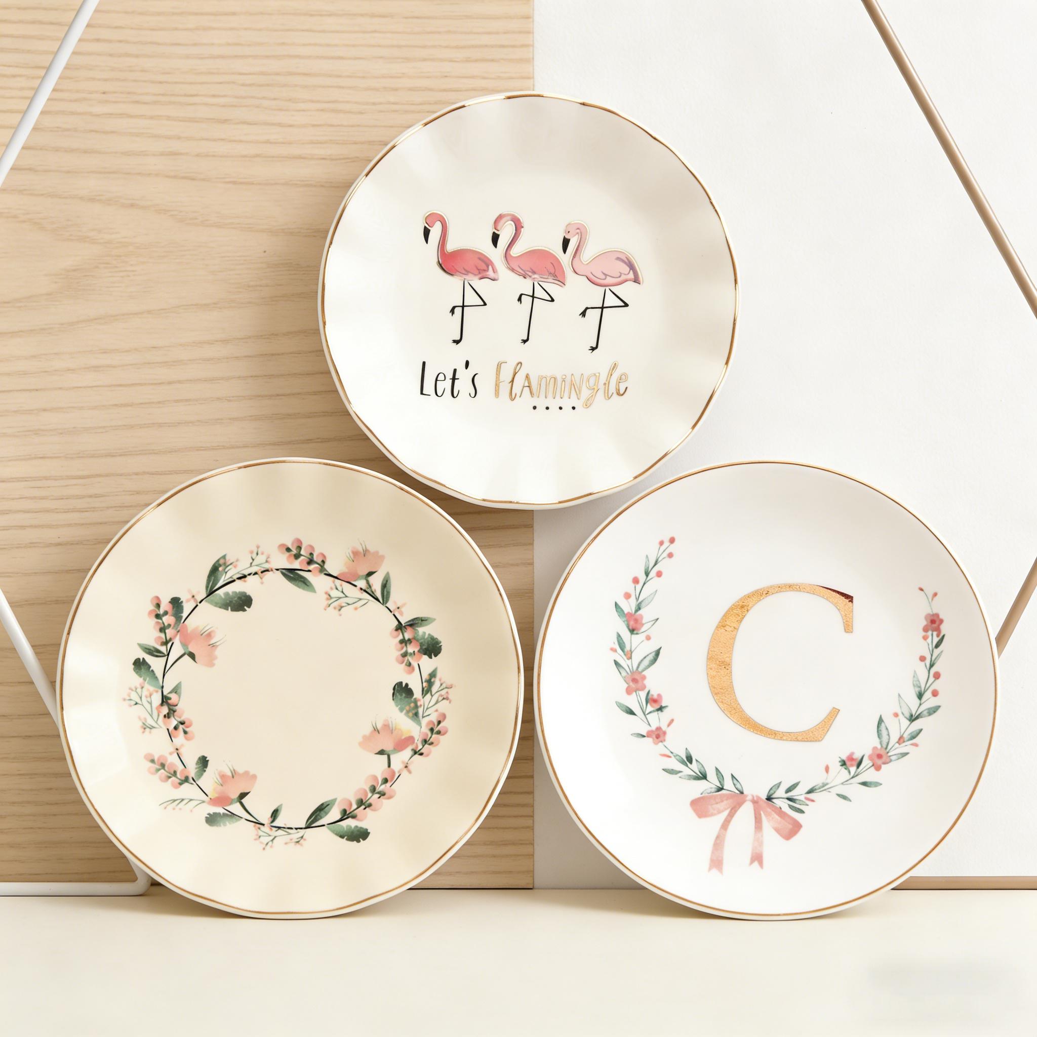 BOOVO HOME Ceramic Jewelry Tray, 6.3" x 5.9" Decorative Trinket Dish with Letter, White Surface, Small Organizer for Rings Earrings Necklaces Bracelets Watches Keys, Birthday Mother's Day Christmas Gift for Women