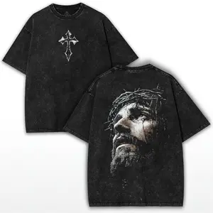 Jesus Crown of Thorns Vintage Oversized Tee – Faithcore Washed Streetwear with Gothic Cross Front & Realistic Back Art | God Apparel Menswear Top women's and men's tops TikTokShop Black Friday
