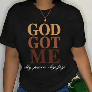 Women's "GOD GOT ME" letter Print Round Neck Tee, Graphic Tees, Casual Short Sleeve Graphic T-shirt for Daily Wear, Ladies Clothes for All Seasons Summer Top graphic tees men gifts shirts men Cotton Streetwear Womenswear Tshirt