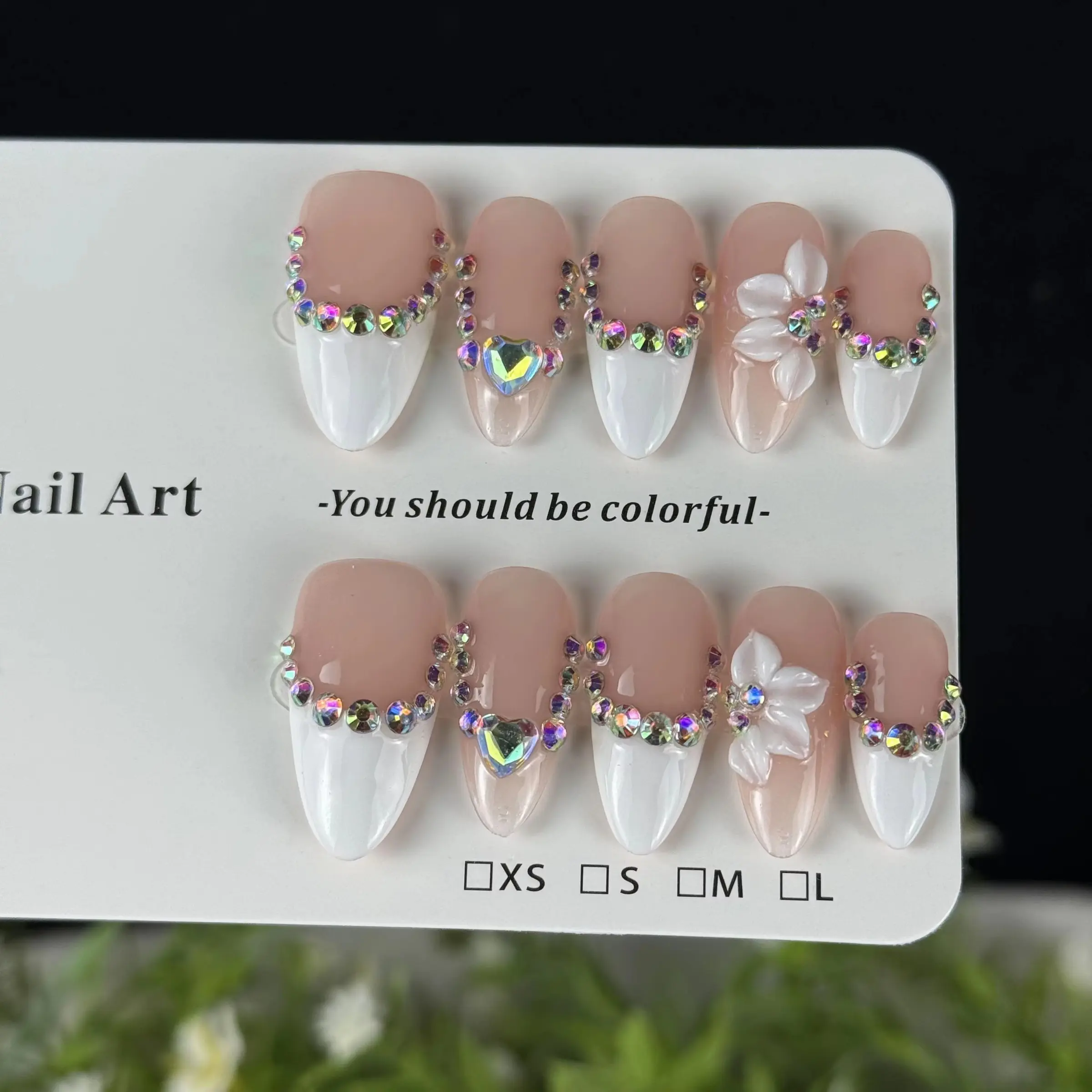 10pcs high-end Sweet and girlish style, hand-painted carved, three-dimensional heart, sparkling diamond pile handmade Almond Fake Nails, Iridescent Glitter, Glossy Fake Nails, Handmade Press On