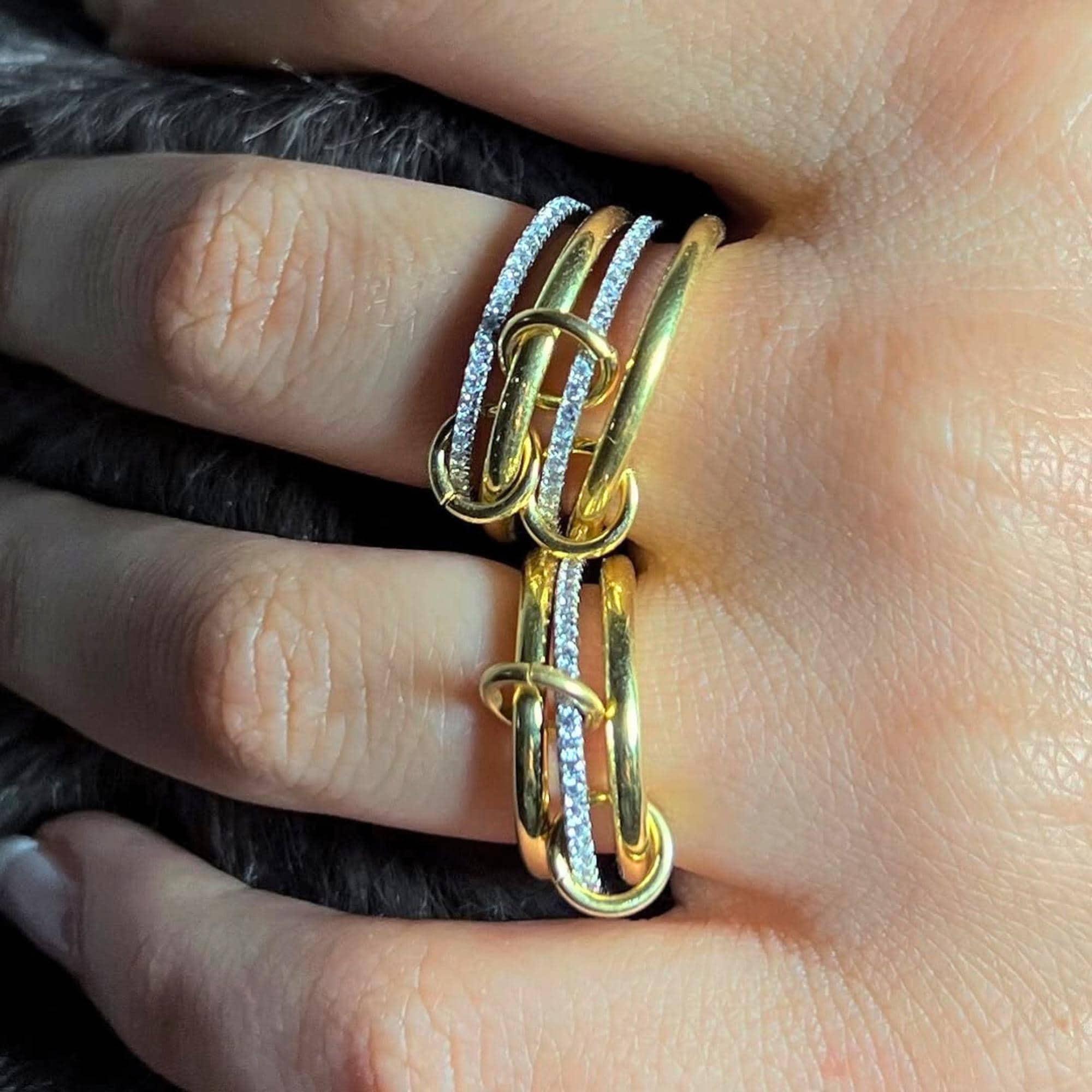 Gold Interlocked Stackable Rings for Women - Statement MultiRing Mixed Metals Stack - Cubic Zirconia Two-Toned StackingJewelry