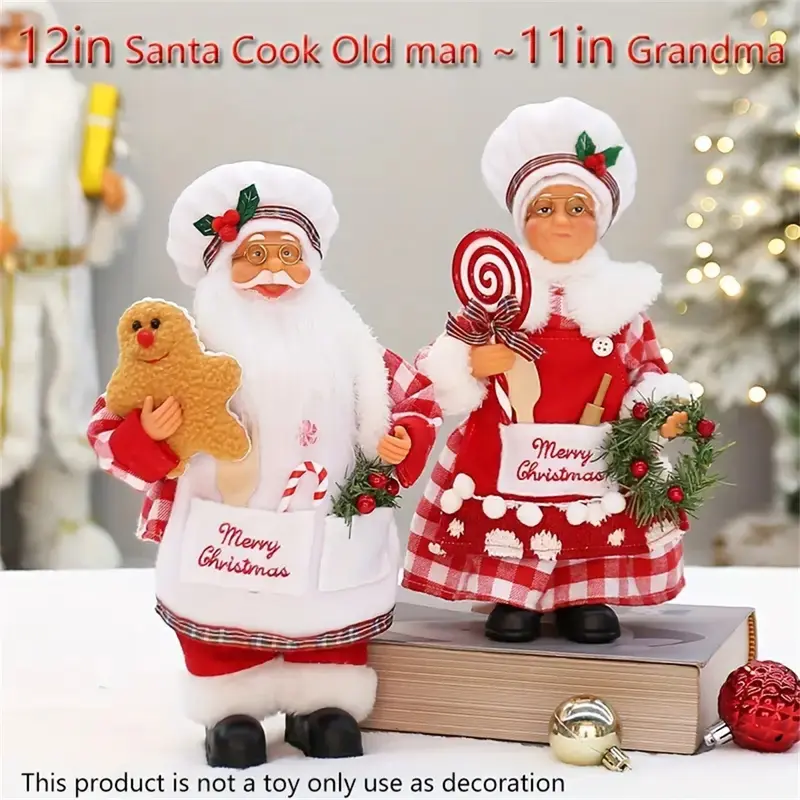 Festive Christmas Chef Grandparents Nutcracker Decoration Ornaments Decor, 12 Inch Santa & 11 Inch Old Chef Figurines, Holiday Table Display