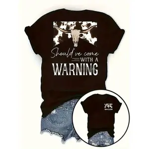 Cow Skull Graphic Warning Slogan Tee Women Vintage Western Cowgirl Country Style Short Sleeve Crewneck Casual Oversized Soft Cotton Top For Concert Streetwear