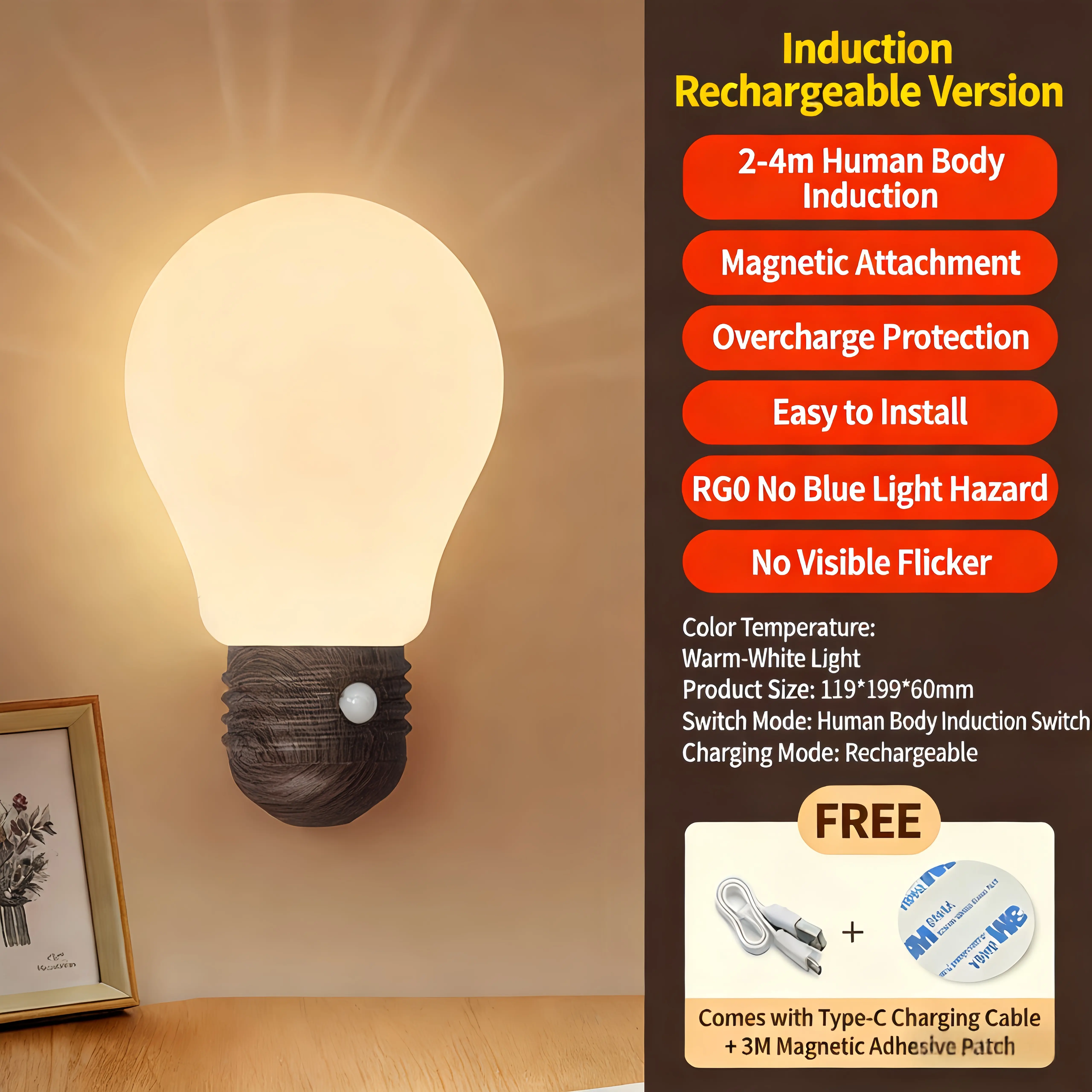 Wireless Induction Night Light, Magnetic Wall Lamp, USB Rechargeable, No Drilling Required — Suitable for Hallway, Bedroom, Corridor, Reading, Bedside, Wardrobe Modern Mood Lighting Adjustable Rgb Lighting