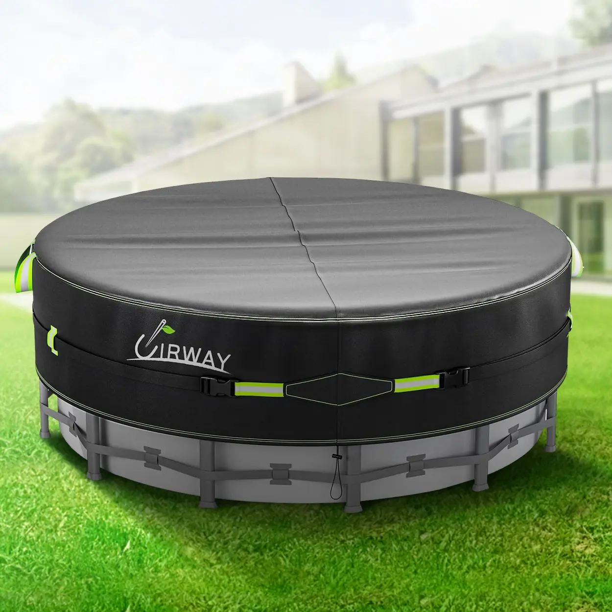 UIRWAY round above ground pool cover, UV-resistant solar tarp with reflective strips, rope tie, glow stakes—durable& heat protection