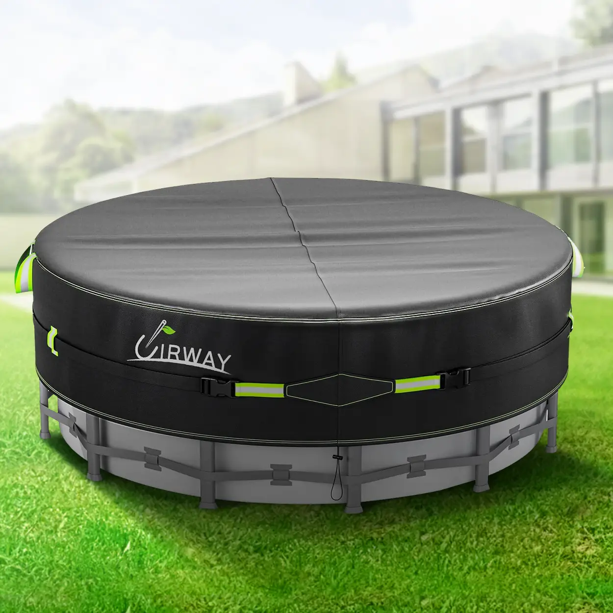 UIRWAY round above ground pool cover, UV-resistant solar tarp with reflective strips, rope tie, glow stakes—durable& heat protection