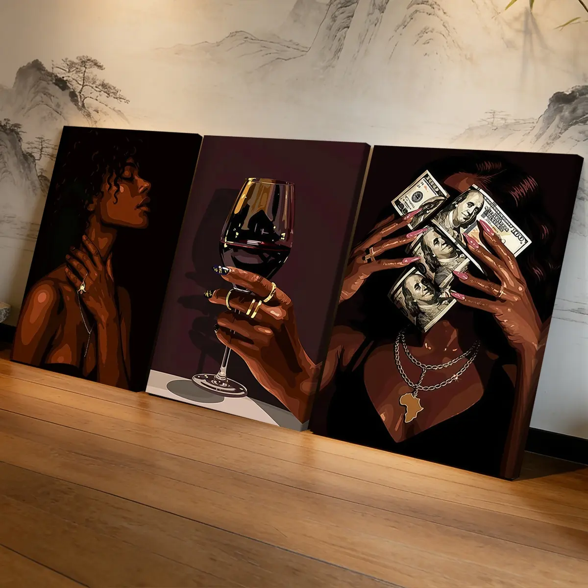 3 Counts Wooden Framed Canvas Painting, Woman Wine And Money Art Images, Poster, Graphic Prints, Living Room Decoration, Modern Art, Creative Wall Art, Waterproof Art, Home Wall Art, Wall Picture Decor, Decoration Items