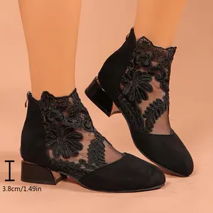 Baotou Lace-Up Chunky-Heeled Ankle Boots for Women, Featuring Hollow Mesh Design, Perfect for Summer, Versatile And Flattering for Plus Sizes., Women Shoes