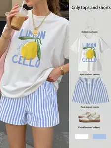 Women's Casual T-Shirt And Striped Shorts Set, Letter Stripe Lemon Print Two-Piece Outfit, Beach Summer Vacation Two-Piece Wear