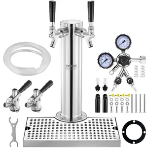 VEVOR Kegerator Tower Kit, Dual Taps Beer Conversion Kit, Stainless Steel Keg Beer Tower Dispenser with Dual Gauge CGA320 Regulator D-System Keg Coupler, Beer Drip Tray for Party Home