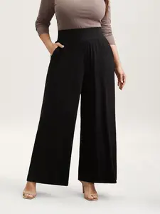 BLOOMCHIC Womens Plus Size Wide-Leg Pants, Black Mid Rise with Stretchy Waist Full Length Leisure Everydaywear Non-Pocket Swimweek