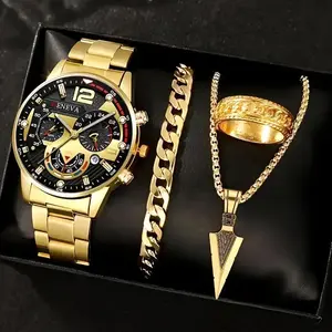 4pcs Luxury Gift Set: Stainless Steel Men's Watch with Calendar, Golden Arrow Necklace, Bracelet and Ring for Business Casual Gift