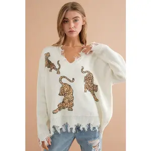 Frayed Edge Sequin Tiger Sweater