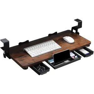 Under Desk Keyboard Tray with Drawer 26.77" X 11.81" Large Size C Clamp-on Mount Easy to Install for Home Office Mahogany