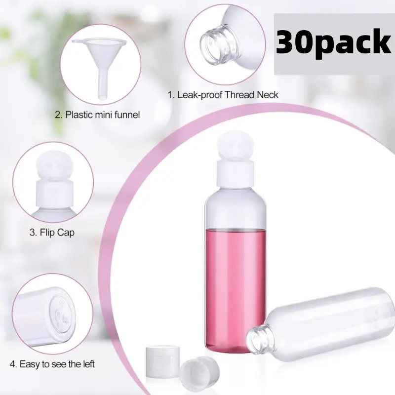 30pack 120ml/4oz Clear Plastic Bottle with White Cap, with 6 funnels, 5.8 inch Height 1.5 inch Diameter Ideal for Travel and Personal Use