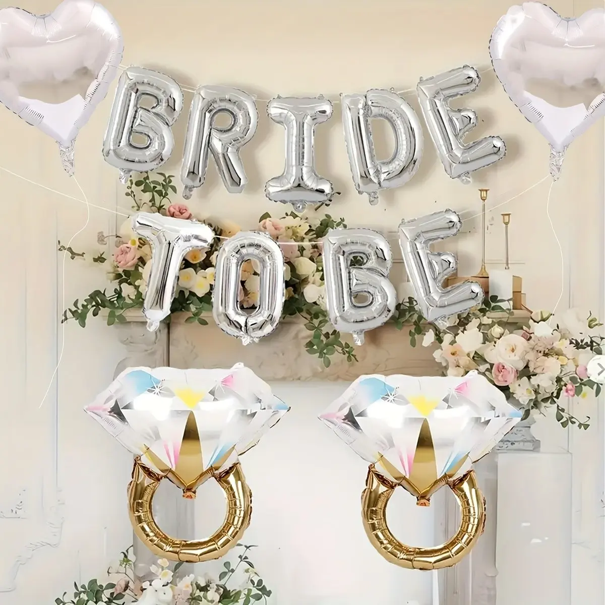 15-Piece Silver Color Bride Balloon Set, Balloon Decorations Kit, Includes Rhinestone Ring, Bride Letter Banner, Heart Foil Balloons, Heart Shaped Balloons, Marriage Wedding Party Decorations, Balloon Party Supplies