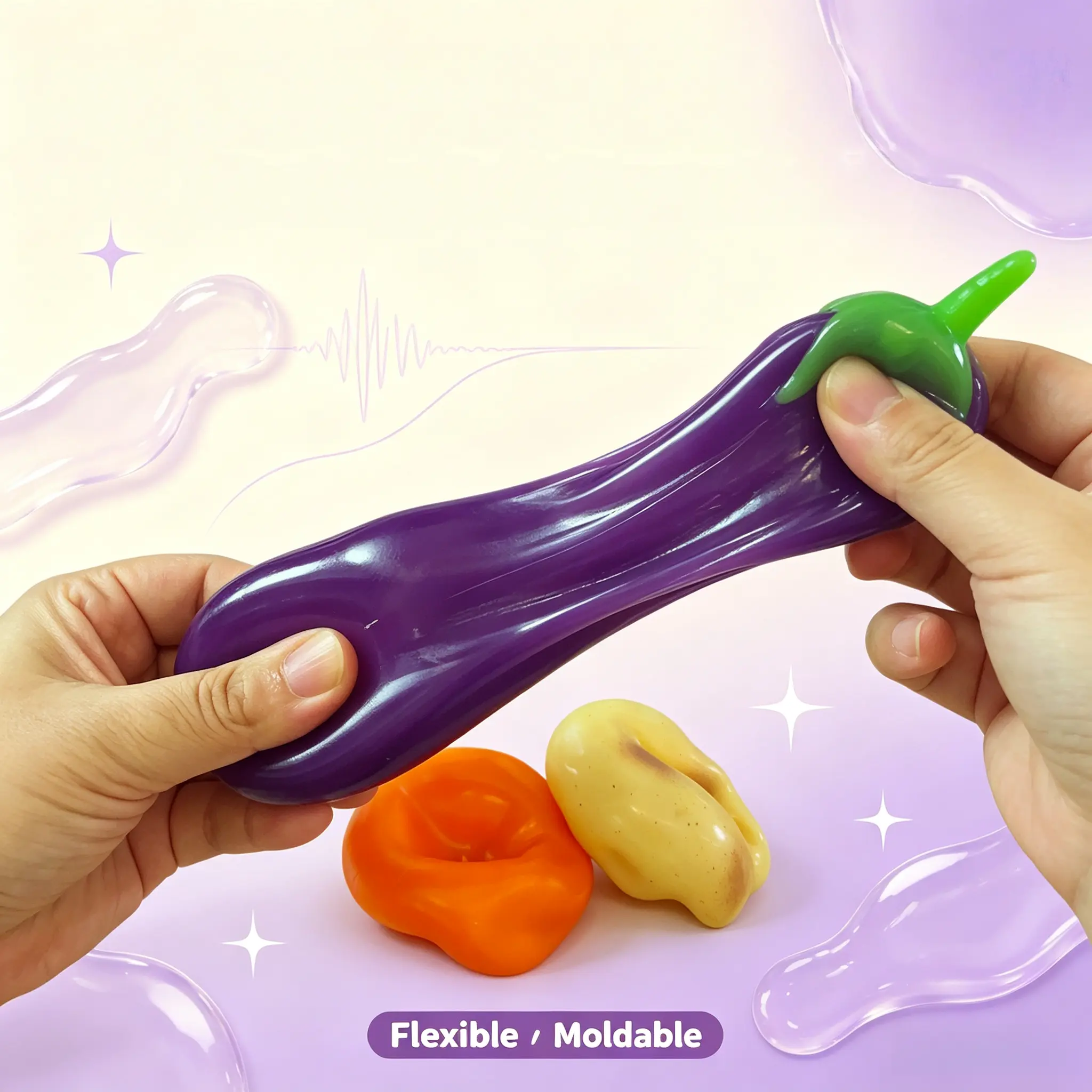 [Jelly Vaseline Vegetable Squishy] Eggplant/Persimmon/Potato Super Stretchable Moldable Clear Glossy Squeeze Fidget Toy Stress Relief Soft Squish for All Ages