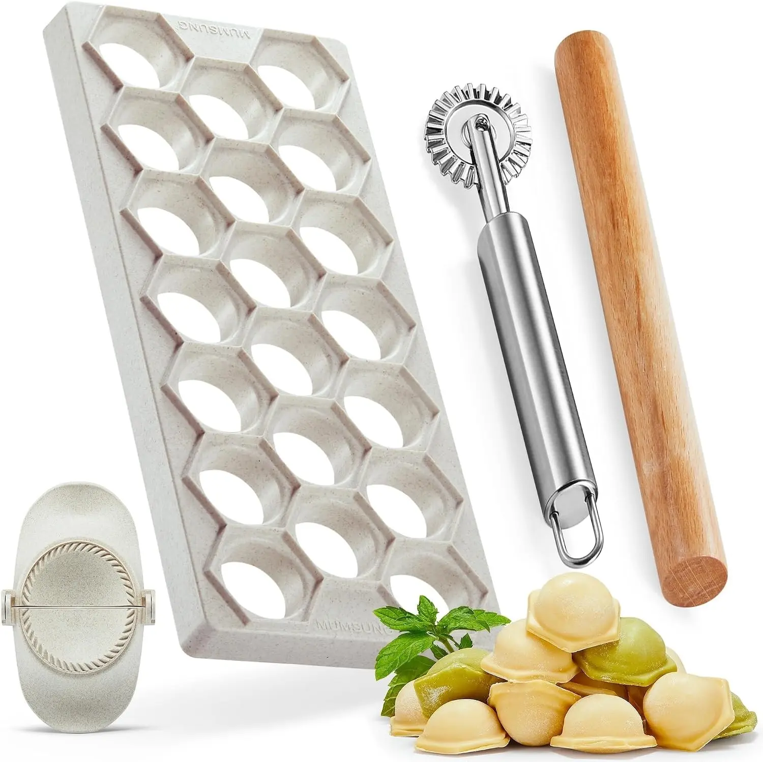 Russian Ravioli Maker Dumplings Mold, Pelmeni Mold Dumpling Maker Machine | 20-Hole Plastic Pelmeni Set with 2.6" Empanada Press, Wood Rolling Pin and Wheel Cutter, Manual Dough Tool Kit