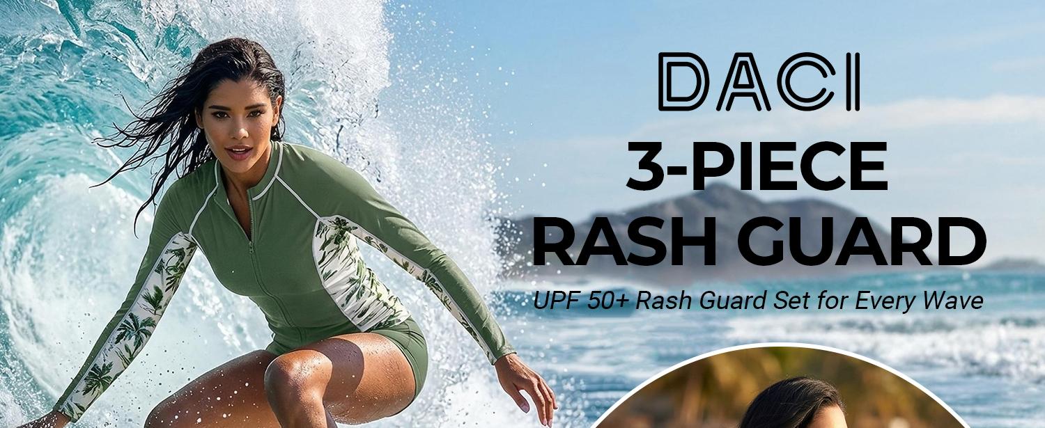 Daci Women Three Piece Rash Guard - Long Sleeve Zip Up Swim Shirt with Sports Bra and Shorts UPF 50+ Modest Swimuits