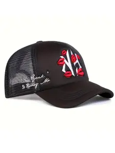 2025 Fashion NY Lipprint Embroidered Breathable Cotton Mesh Hat Outdoor Fishing Sunshade Hat Street Dance Hip Hop Hat Unisex Adjustable Sunscreen Baseball Hat Suitable for Daily Wear, Baseball Cap
