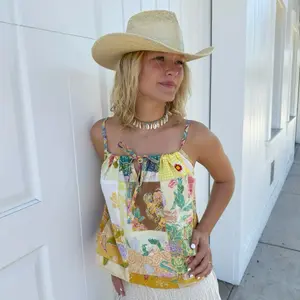 Women's Vintage Cotton Patchwork Front-Tie Sleeveless Tank Top, Handmade Womenswear