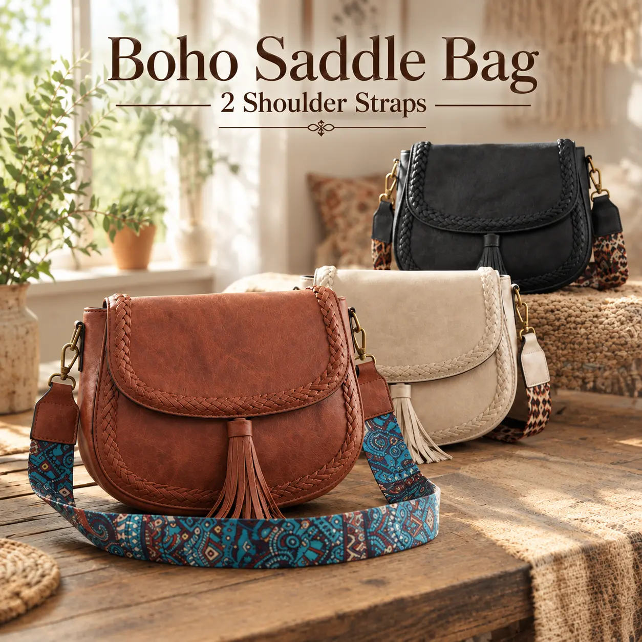New Women's Vintage Saddle Bag, Hand Woven Trim, Tassel Detail, 2 Interchangeable Shoulder Straps Crossbody Purse