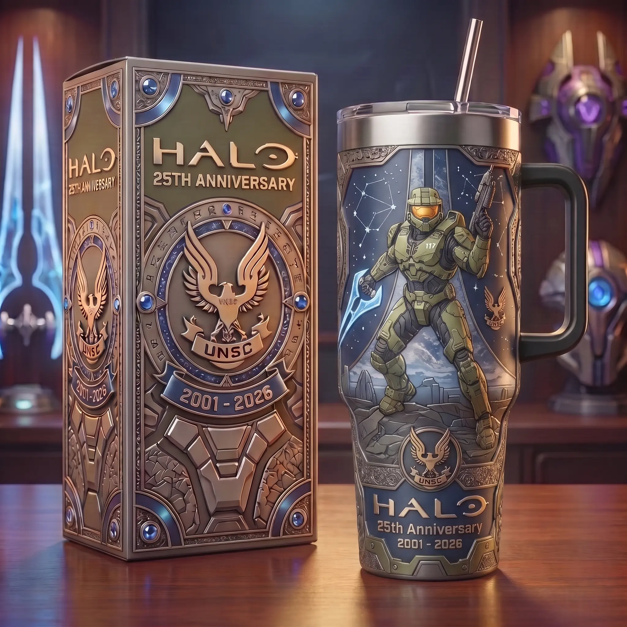 Halo 25th Anniversary 40 oz Tumbler with Straw Handle, Master Chief Arbiter UNSC Sci-Fi Video Game Stainless Steel Vacuum Insulated Travel Coffee Mug, Spartan 117 Gamer Drinkware Car Cup, Unique Birthday Gift Idea for Gaming Fans Men Women