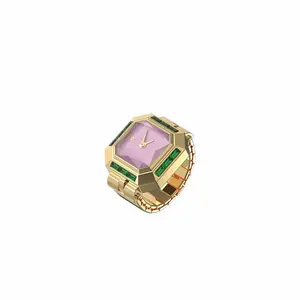 PASCAL Sofia Prism Cocktail Watch Ring Sugar Cube Design with Gemstone Cut Dial & Baguette Cut Gemstones Quartz Movement US 6-10 Sizes