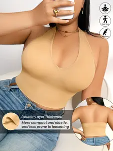 Women's No Underwire Plus Size Soft Comfy Seamless Smoothing Basic Bra, Halter Deep V Neckline, Wide Straps, Seamless Back Design, Suitable for Outerwear, Parties, Dates,1 Pack/3 Pack/4 Pack