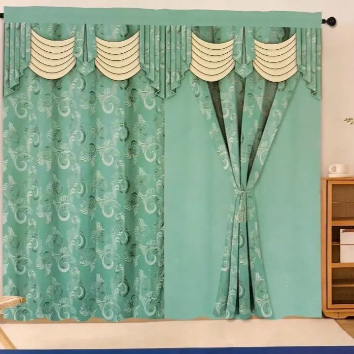 Luxury Jacquard Curtain Set - 2 Panels with Attached Valance and 2 Tassel Tiebacks