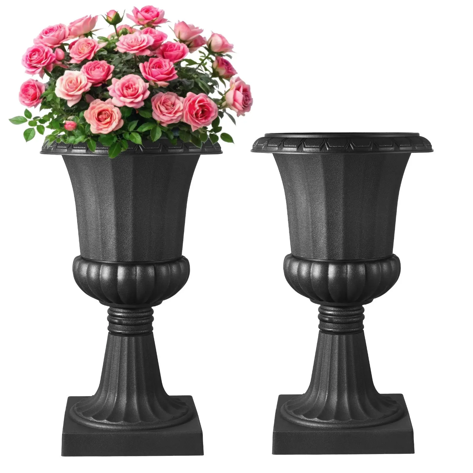 Plastic Urn Planters 15.8 x 26.4 Inch Black Floral Pedestal Flower Pots for Outdoor Gardens Durable Weather-Resistant Resin Plant Containers Balcony Patio Yard Decor Ideal for Flowers and Small Shrubs