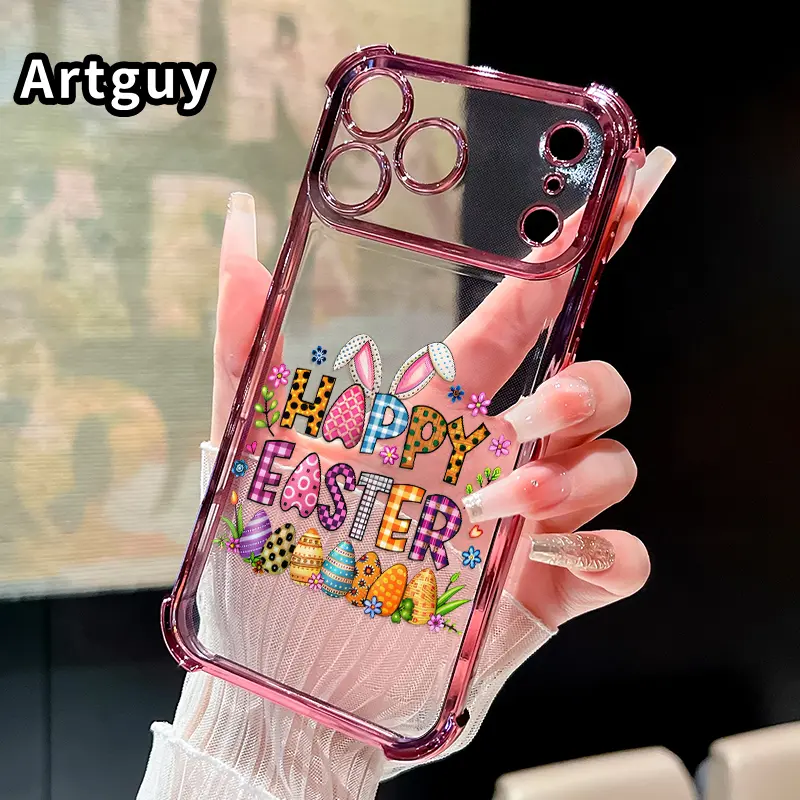 Compatible with iPhone 17 Pro Max 16 15 Plus Air 14 13 12 11 E Case Easter Joy Delight Pattern Four Corner Drop Resistant Electroplated Transparent TPU Soft Trendy Cover