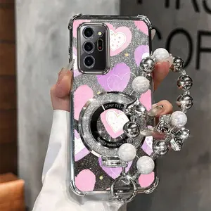 Note20 Ultra Fashion Series Pearl Strap Lanyard Phone Holder Case For Compatible With Samsung Galaxy Note 20 Ultra Transparent Magnetic Glitter Cover and Durable Protective Full of Cute Pink Hearts Protector Cases Accessories