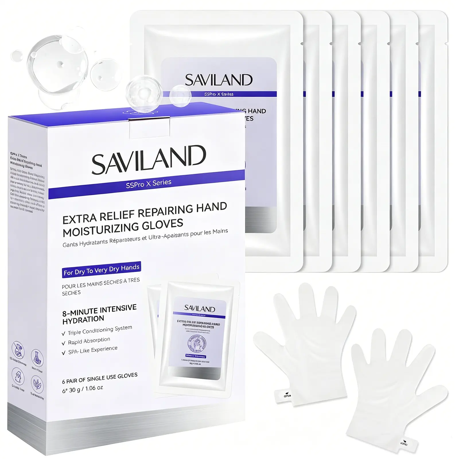 SAVILAND Intensive Repair Hand Mask Gloves: 8-Minute Deep Moisturizing Treatment with Shea Butter, Aloe & Honey for Dry, Cracked Hands, Gentle for Sensitive Skin, 6 Pairs