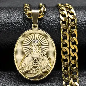 Men's Jesus Cross Necklace – Long Chain Medal Pendant Religious Jewelry Gold Plated Amulet Bling Stylish Accessory