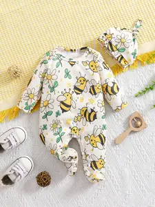Cute Bee Daisy Envelope Neck Baby Onesie with Hat, Long Sleeve Cartoon Print Infant Romper, Outdoor Clothes for Toddlers