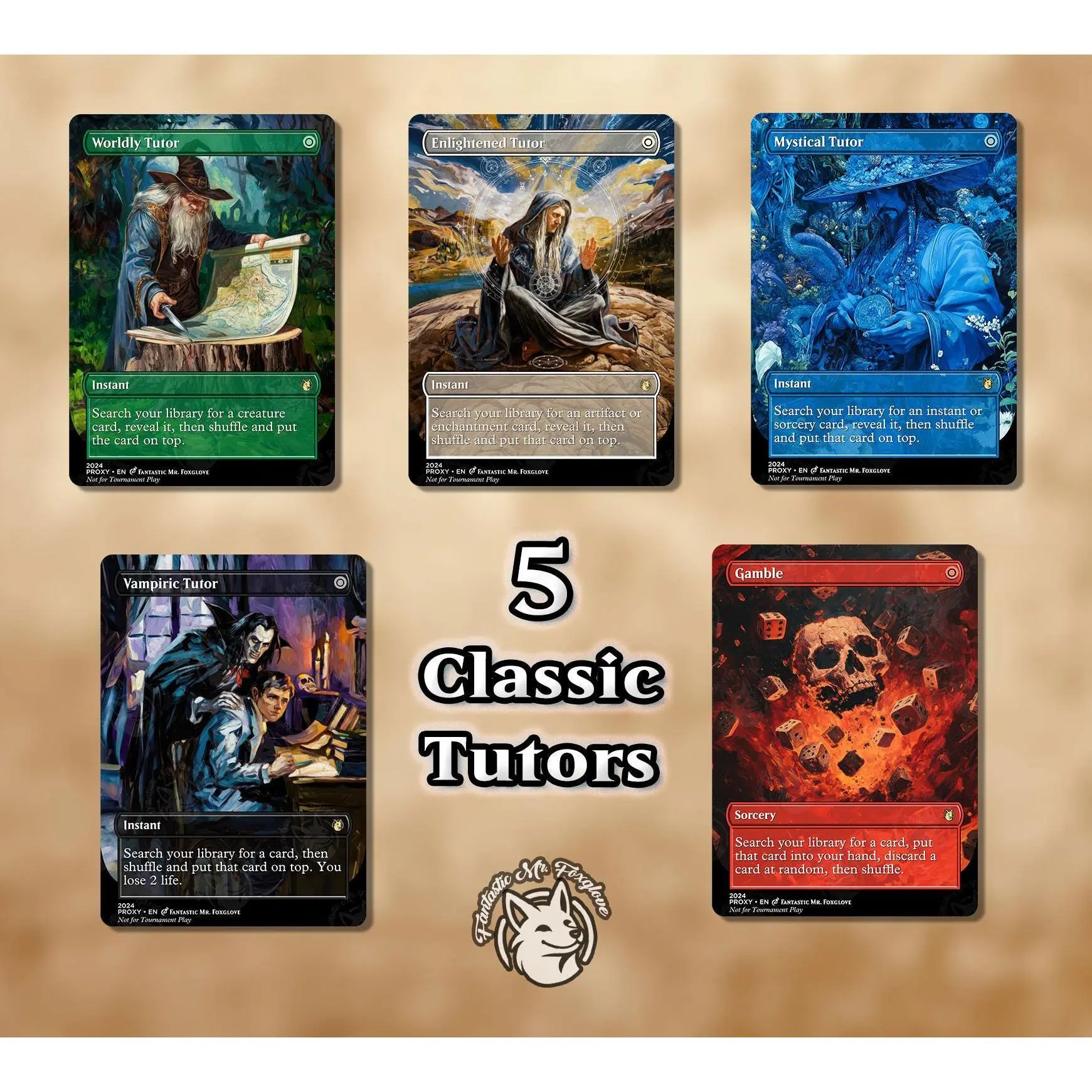 5 Classic Tutors | Proxy Cards — Vampiric, Enlightened, Worldly, Mystical Tutor, Gamble — Mirage Tutors