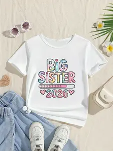 Big Sister 2026 Colorful Graphic Kids T-Shirt Sibling Announcement Casual Short Sleeve Tops, Cute Graphic Tees