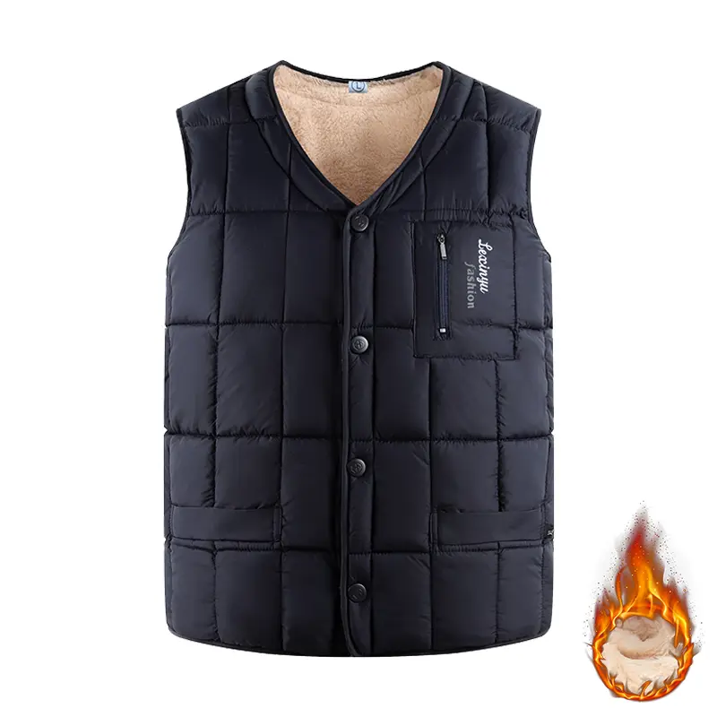 Men's V-neck button-up quilted puffer vest with fleece lining, thermal sleeveless gilet waistcoat