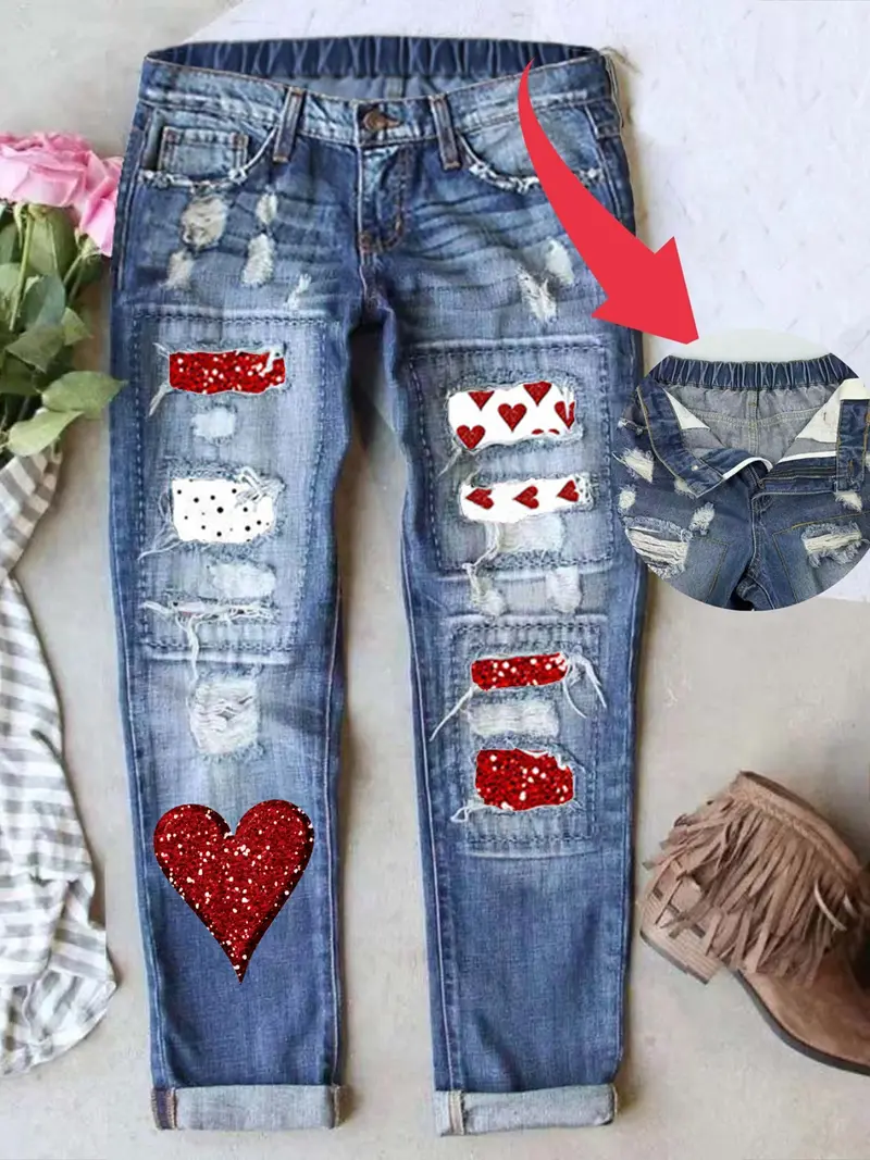 Women’s Ripped Patch Boyfriend Jeans with Multiple Cute Prints Loose Washed Denim Mid-Waist Elastic Waist Breathable & Comfy