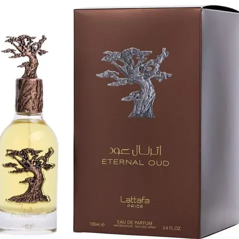 Lattafa Perfumes Eternal Oud EDP - 100ml (3.4oz) Regular Edition Alcohol-Containing Unisex Adult Fragrance Bottle, Long-Lasting Liquid with Sweet Amber, Cozy Warmth, Amber Woody Spicy Notes, Powder, Fruity Scent, Self-Care Item