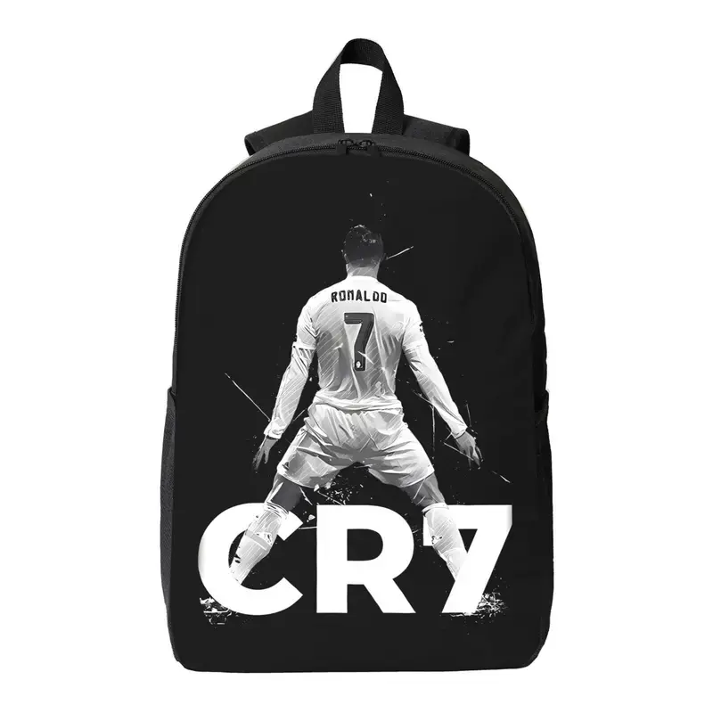 CR7 Ronaldo Backpack Lightweight Durable PVC with Adjustable Straps & Zipper Closure, Black & White Dynamic Soccer Print for Teens & Adults, Sports & Casual Use