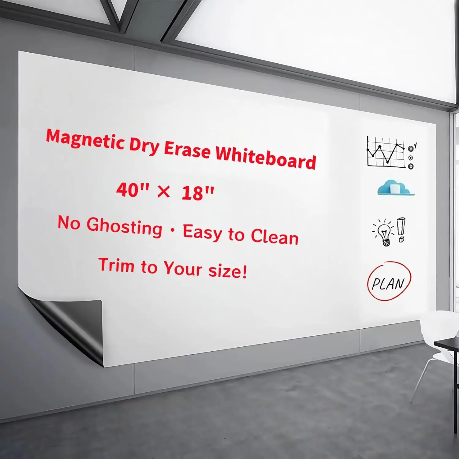 40" x 18" Self-Adhesive Flexible Dry Erase Whiteboard with Adhesive Backing, Grid Backing, Steel Core - Ready-to-Use Kit with 11 Markers, 6 Accessories, Eraser, Holder, Customizable Size, Easy-to-Clean Office Presentation Supply for Busy Professionals