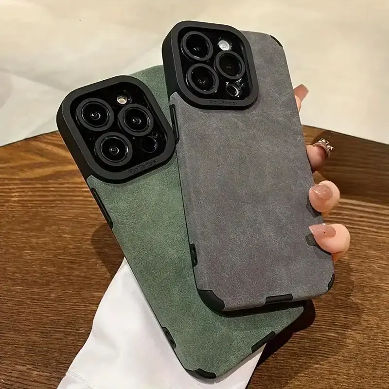 Luxurious Soft-Touch Matte Faux Leather Smartphone Cover Bundle for iPhone 17/16/15/14 Plus/13/12/11 Pro Max - Lens Guard Bumper, Silicone Build, Shock-Absorbing Casing, Phone Accessories