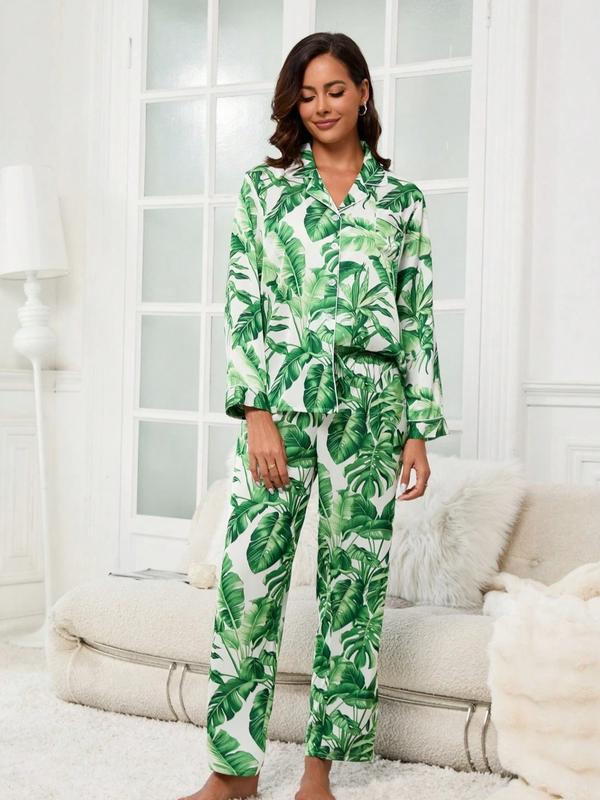 Tropical Green Leaf Silk Satin Pajama Set – Women’s 2 Piece Long Sleeve Button Down Sleepwear