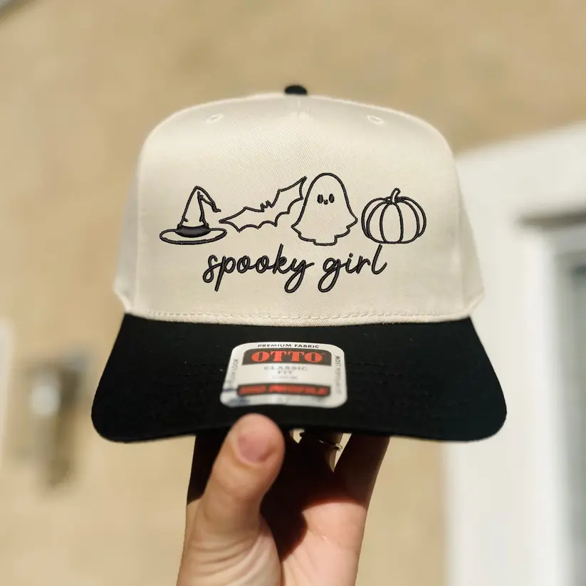 Spooky Girl Trucker Hat – Halloween Embroidered Hat for Women – Cute Ghost Witch Bat Pumpkin Snapback – Spooky Season Aesthetic Hat – Fall October Girl Gift – TikTok Trendy Hat – Halloween Lover Ba