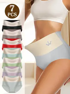 QUASTI 7 Pack High Waisted Cotton Seamless Women's Briefs with Color Blocking Design,Tummy Control Hip Lifting Women's Briefs,Anti Ride Up Underwear,Control Panties with Breathable Stretchy Fabric Briefs,Cute Elegant Fashion Women's Briefs,S-XXL