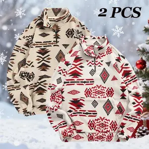 2-piece set men's zip-up sports shirts with ethnic designs suitable for Christmas, New Year, Thanksgiving, and Easter celebrations.This casual long-sleeve pullover features a pocket and a round neckline, making it perfect for wint