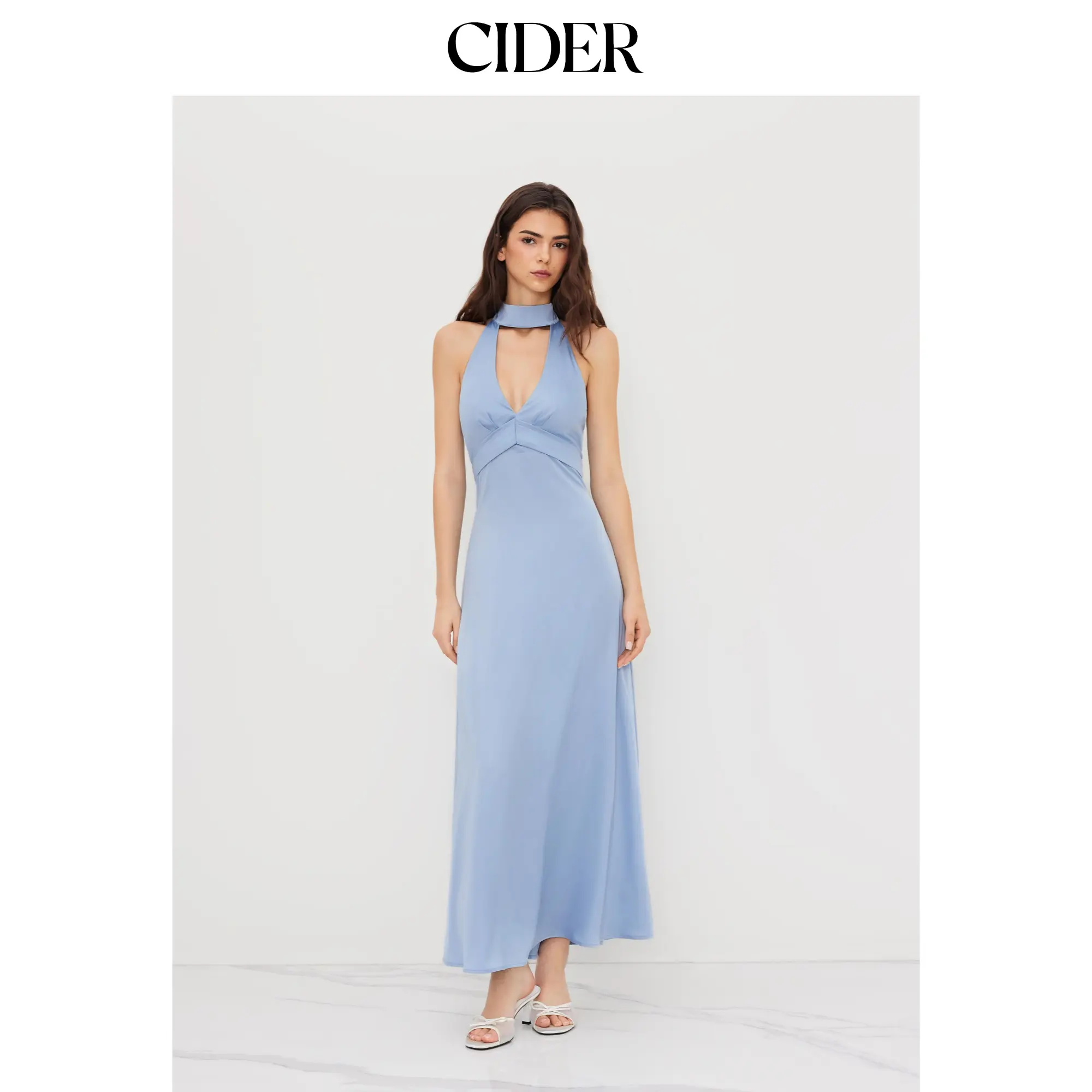Cider Women's Sexy Woven Party Maxi Dress - Solid Color, Halter V-Neck, Backless Waist Cut-Out, Elastane Fabric