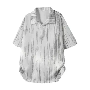 Short-sleeve fashion T-shirt for men and women, loose fit, minimalist textured design with a turn-down collar; tie-dye vertical stripe short-sleeve turn-down T-shirt; men’s new summer high-end trendy top